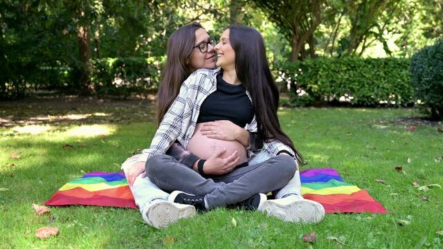 Portrait of affectionate pregnant lesbian couple with rainbow flag, relaxed at the park. Two happy girlfriends. Homosexual relationship. LGBT Community Pride. High quality 4k footage