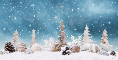 Fototapeta na wymiar Beautiful christmas background with a snowy winter landscape and wooden christmas balls and trees