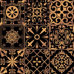 Set of tiles background in gold. Mosaic pattern for ceramic in dutch, portuguese, spanish, italian style.