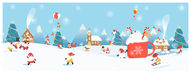 Panoramic vector illustration of winter wonderland background.The cute Fantacy Christmas.Gingerbread,candy cane and hot chocolate with  gnome,bigfoot all around.Concept of happy cheerful Christmas. 
