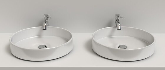 Sink basins and faucets, bathroom interior. Chrome mixer taps and white washbasins. 3d illustration