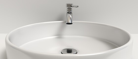 Sink basin and faucet, bathroom interior. Chrome mixer tap and white washbasin. 3d illustration