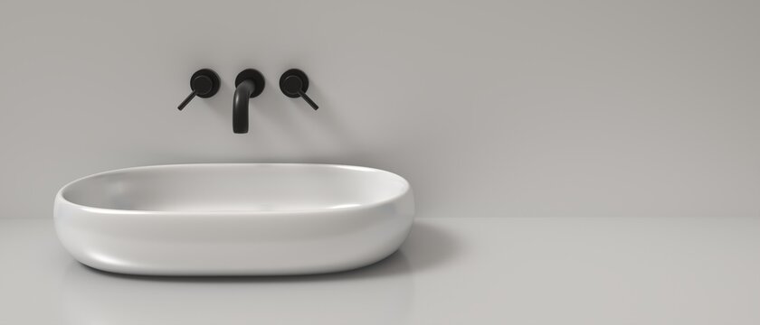 Sink Basin And Faucet, Bathroom Interior. Black Taps And White Washbasin. 3d Illustration