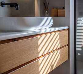 Bathroom sink basin and faucet modern interior design. Black taps and white washbasin,