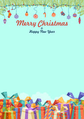 Christmas and New Year greeting. Copy space background. Cartoon gift boxes under garland lights, hanging tree toys and fir twigs decoration. Vertical Xmas card, poster, program, letter template