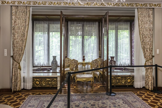 Interior of Ceausescu Palace (or Spring Palace) - building where Romania's former Communist leader, Nicolae Ceausescu lived in 1965 - 1989. Elena Ceausescu Room. BUCHAREST, ROMANIA. JUNE 18, 2021.