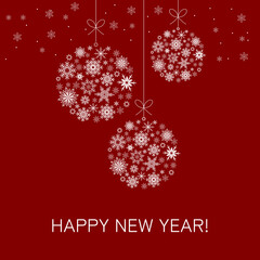 Baubles of white snowflakes on red background, New Year greeting card, vector design