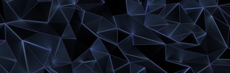 Fototapeta premium 3d render, abstract black crystal background, faceted texture, macro panorama, wide panoramic polygonal wallpaper