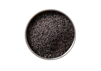 Poppy seeds in a bowl isolated on a white background. Top view.