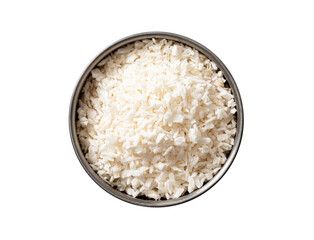 Coconut flakes in a bowl isolated on white background. Top view.