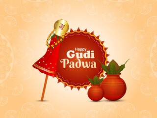 Creative banner or greeting card of gudi padwa with realistic kalash