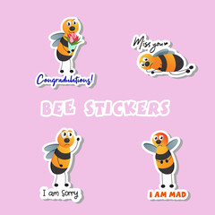 Bees sticker set with different emotions.