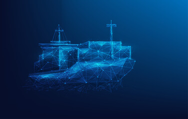 logistic cargo ship low poly wireframe. digital business worldwide shipping concept. technology business transport. isolated on blue dark background. vector illustration futuristic style. © Yellow duck