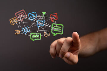  touching 3D rendering flying email icon with his fin