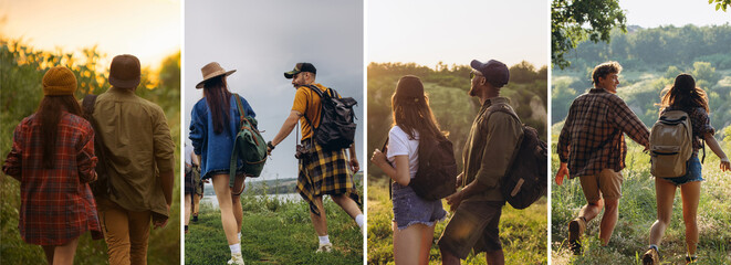 Composite image of photos of group of friends, young men and women walking together in summer forest, meadow. Lifestyle, friendship, nature