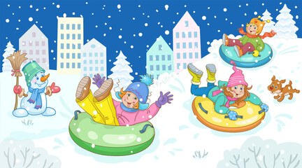 Winter activities. Cheerful children ride down the hill on snow tubes in the winter city. In cartoon style. Vector illustration.