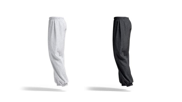 Blank melange and black sport sweatpants mockup, looped rotation, 3d rendering. Empty cycled joggers or jersey pants mock up, isolated on white background. Clear sporty trakky outfit template.