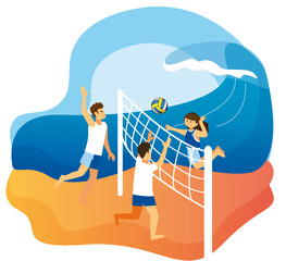 Children play volleyball on the beach. Color vector children's cartoon image.