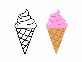 Hand drawn colored and linear ice cream. Vector illustration.