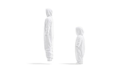 Blank white adult and kid plush jumpsuit mockup, looped rotation, 3d rendering. Empty plushy suit with hood mock up, isolated on white background. Clear cloth apparel for sleep template.