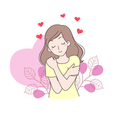 The girl hugging herself with both hands, with a love heart and leaves in the background.