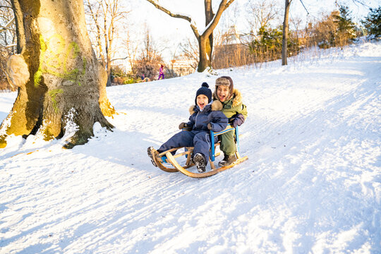 Two little afro-american or latin brothers in warm winter clothes sled down the snowy mountain in park or forest on sunny christmas day. Having fun, excited, laughing and smiling. Childhood, holidays