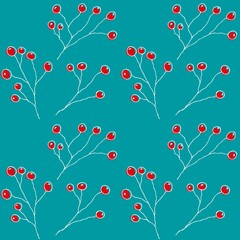 Christmas Background. A branch of holly with red berries on a turquoise background, seamless pattern. For fabric, wallpaper or packaging.