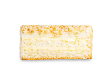 Sponge cake with cream and nuts on a white isolated background