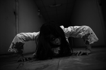 Portrait of asian woman make up ghost,Scary horror scene for background,Halloween festival...