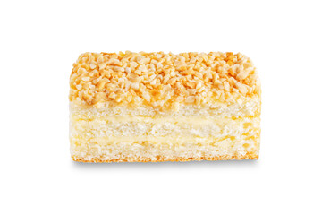 Sponge cake with cream and nuts on a white isolated background