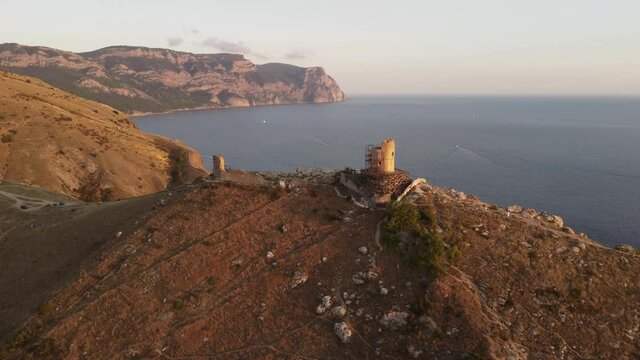 Flying over The Cembalo fortress and the Bay of Balaklava, Republic of Crimea.