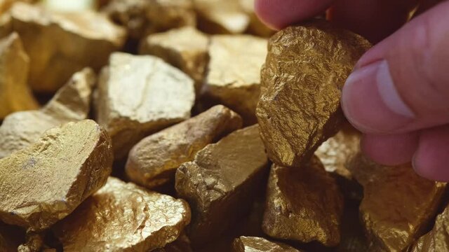 The hands of men are looking at the gold ore in their hands from the mine