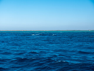 Panorama of sea waves against the backdrop of the coast and blue sky.