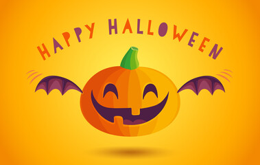Vector icon of pumpkin with bat wings in kawaii style for Halloween.
