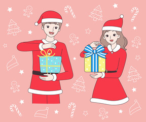 A couple dressed in Christmas outfits each took a gift box.