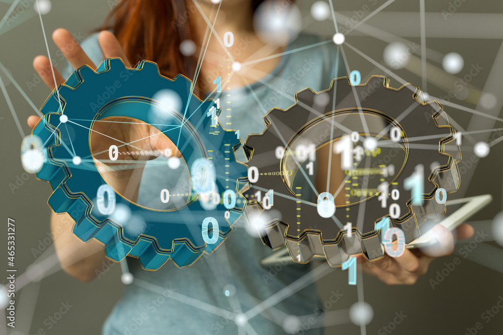 Poster Man draws gears on virtual screen. Blurred Abstract engine room..