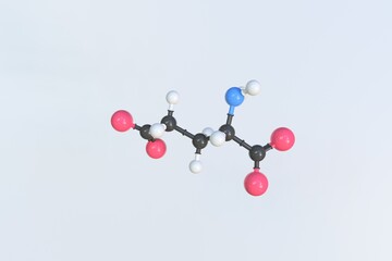 Glutamate molecule made with balls, scientific molecular model. 3D rendering