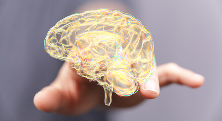 Human brain digital illustration. Electrical activity, flashes and lightning on a blue background.