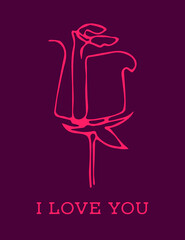 vector line art greeting card with elegant rose in pink colors with the text "I love you". useful for postcards Valentine's Day, International Women's Day, Mother's Day, as a declaration of love.