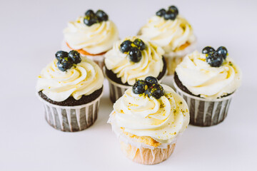 blackberry cupcake with creamcheese and pistachio sprinkles on white background