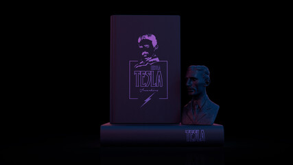 Nikola Tesla Buch [fiktiv] "Erfindungen" & Büste, neonfarbig beleuchtet vor dunklem Hintergrund | 3D Render Illustration