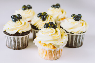 blackberry cupcake with creamcheese and pistachio sprinkles on white background