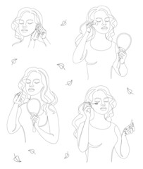 Collection. Silhouettes of a lady. The girl does mauiyage, paints lips, eyelashes, cheeks, earrings in a modern solid line style. Sketches, posters, stickers, logo. Set of vector illustrations.