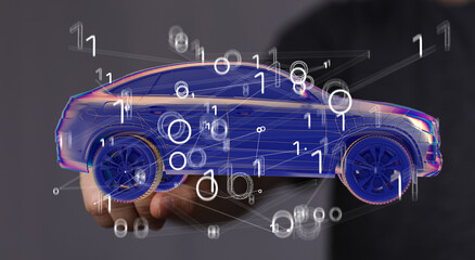 Hologram auto, futuristic polygonal model auto.