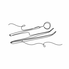 Obraz na płótnie Canvas Vector continuous one single line drawing icon of dental instruments in silhouette on a white background. Linear stylized.