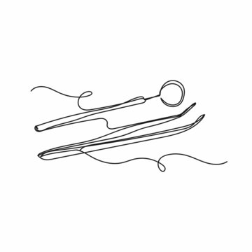 Vector Continuous One Single Line Drawing Icon Of Dental Instruments In Silhouette On A White Background. Linear Stylized.