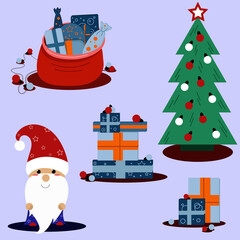 Santa Claus, various gifts and a green decorated Christmas tree
