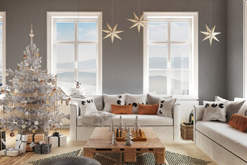 New year tree in scandinavian style interior with christmas decoration and fireplace	