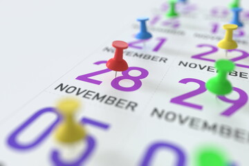 November 28 date marked with a pin calendar, 3D rendering