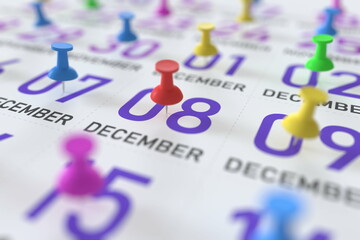 December 8 date and push pin on a calendar, 3D rendering